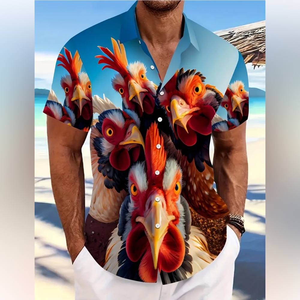 Men’s Funny Rooster Graphic Print Lapel Button Up Short Sleeve Novelty Shirt
